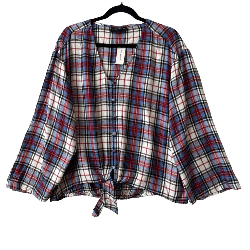 Lane Bryant NWT Plaid Tie Front Long Wide Sleeve Flannel Top Plus 14 Modern Chic
